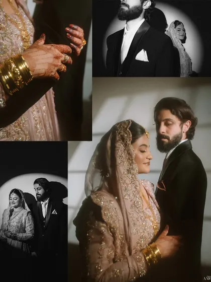 More from the spotlight portrait session, this collage mixes close-ups of their hands and jewelry with wider shots of the couple, all tied together by the dramatic lighting.
