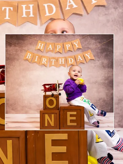 A creative collage for a first birthday, featuring "ONE" blocks and a toy airplane for an explorer theme.