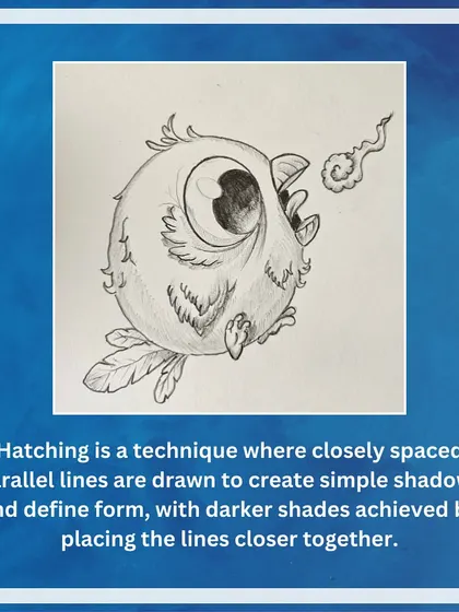 This image explains hatching, a technique where parallel lines are used to create shadows. The closer the lines, the darker the shade, as seen on this cute bird.