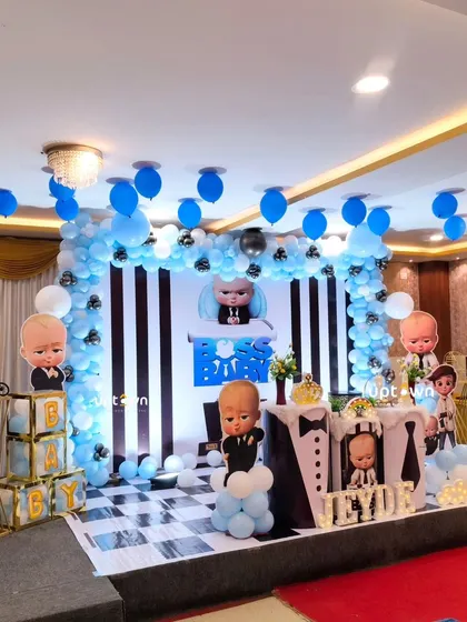 Another full view of the Boss Baby stage setup in a party hall, ready for the celebration.
