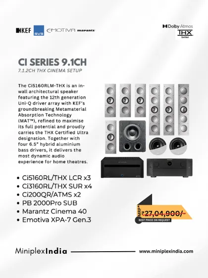 For the ultimate audiophile, I offer top-of-the-line equipment packages. This graphic details a KEF Reference Line 9.1 channel THX Certified Dolby Atmos cinema setup, powered by Marantz and Emotiva.