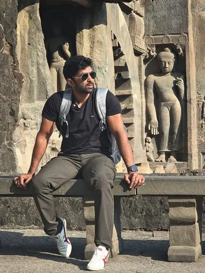 At the Ajanta Caves, famous for their beautiful murals and paintings that depict the Jataka tales.