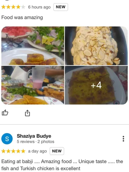 "Amazing food... Unique taste." A Google review praising our fish and Turkish chicken, accompanied by photos of their delicious meal.