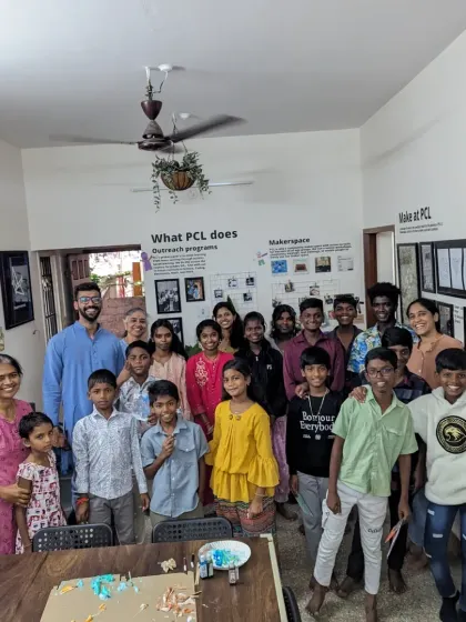 A group photo with the amazing kids from Hasiru Dala and Buguri Libraries after a fun-filled day of experiments at our lab. We love hosting field trips like this!