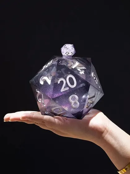 A conceptual shot showcasing a giant die being held in hand. This image plays with scale to create a surreal and powerful visual, emphasizing the magic and importance of the dice in gameplay.