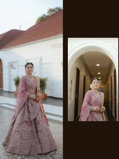 A collage featuring the bride Juhi, combining a full-length shot with a close-up portrait to give a comprehensive view of her stunning bridal look.