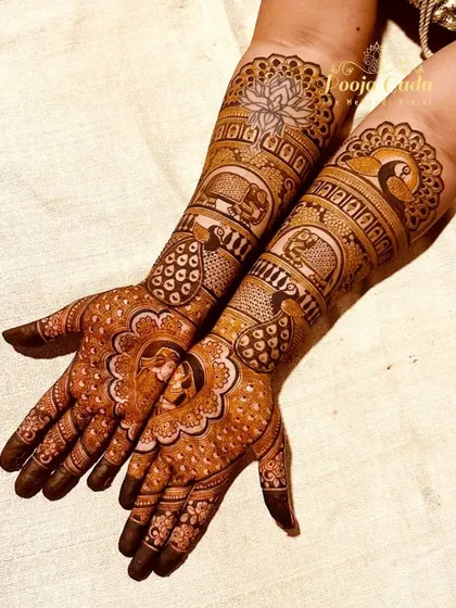A beautiful design for an NRI bride from Ireland, featuring portraits within a mandala, surrounded by peacocks and elephants.