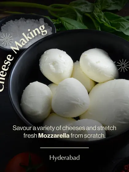 Learn the magic of cheesemaking in our Hyderabad workshop. This session focuses on tasting a variety of cheeses and learning the hands-on process of stretching fresh mozzarella from scratch.