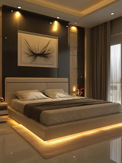 A modern bedroom showcasing dramatic lighting effects, with under-bed LED strips and strategically placed spotlights. The high-gloss wall panels and minimalist furniture contribute to the sleek, contemporary vibe.
