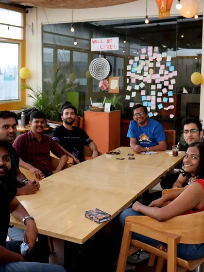 A full table of friends enjoying a game night. The 'Wall of Love' behind them is filled with notes and memories from our wonderful community.