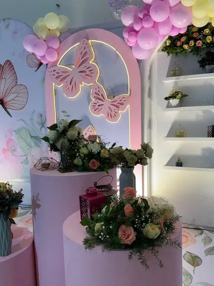 A view of the pastel butterfly setup, showing themed shelving and pedestal arrangements.