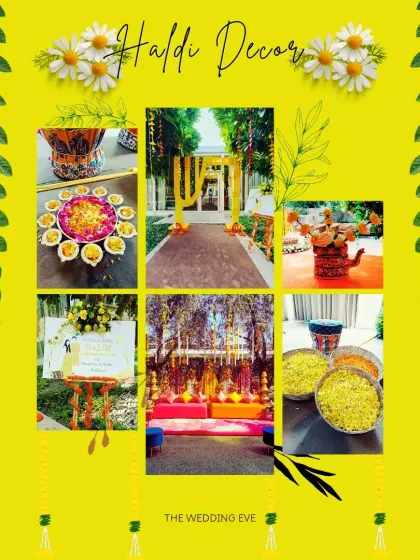 A collage showcasing various elements of Haldi decor, from floral arrangements and entrance setups to traditional details.
