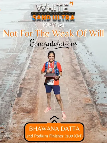 Not for the weak of will. Bhawana Dutta conquered 100 KM in the fierce Kutch desert to claim the 2nd podium spot at the inaugural White Sand Ultra. A true warrior.