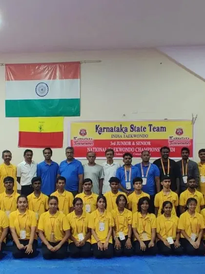 The official Karnataka State Team for the National Junior and Senior Taekwondo Championship, ready to compete.