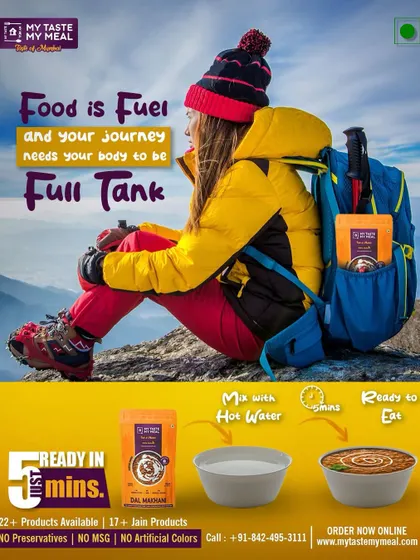 Food is fuel for your journey. This image of a trekker shows how my meals can keep your tank full. Just mix with hot water, wait 5 minutes, and you're ready to eat.