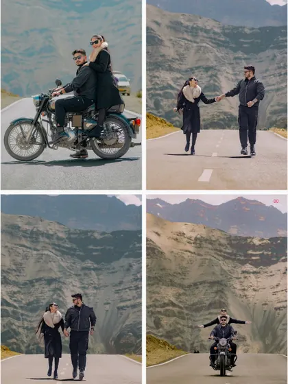 More scenes from an adventurous Ladakh pre-wedding shoot, showing the couple walking hand-in-hand and enjoying the ride.