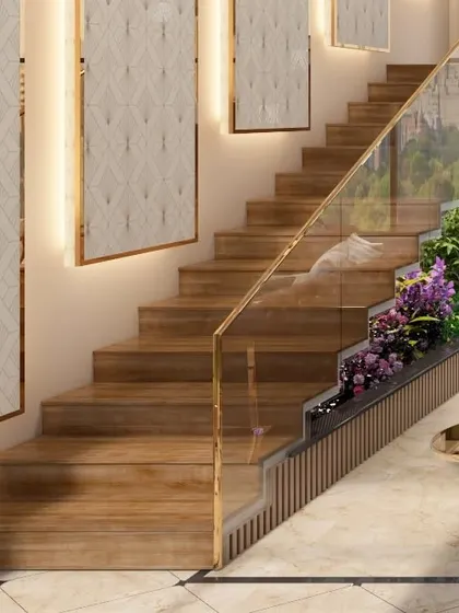 The main staircase, featuring wooden treads, a glass balustrade with a gold-plated handrail, and integrated planters. The design is both a functional connector and a central artistic feature of the duplex office.