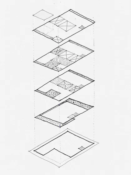 This exploded axonometric diagram illustrates the distribution of hard surfaces versus soft green spaces across all levels of a home. It's a technical drawing that helps plan the integration of nature from the ground floor to the roof.