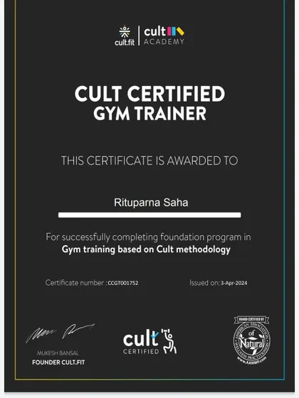 I am a proud Cult Certified Gym Trainer. This certification reflects my training in the latest fitness methodologies and my commitment to providing safe, effective, and high-quality personal training based on the Cult methodology.