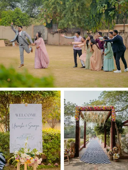 A collage showing the fun and festive atmosphere of the engagement party, from the couple's grand entrance to friends joyfully celebrating with them.