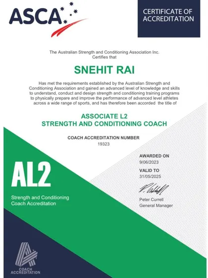 My ASCA Associate Level 2 certification, a key milestone on my journey to becoming a professional-level coach with the Australian Strength and Conditioning Association.