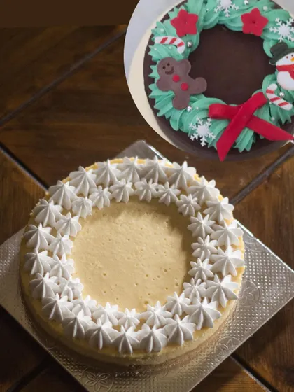 Decorate your own wreath cake or cheesecake! I provide the delicious base and all the fixings, like piped frosting and fondant accents, for you to assemble your own beautiful and festive dessert. The inset photo shows one possible creation!