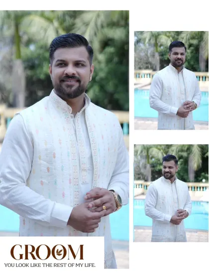 A stylish collage of the groom, Akhil, looking dapper in his white engagement outfit. The poolside setting adds a touch of modern luxury to the portraits.