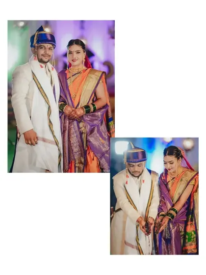 A collage showing a formal portrait and a candid ritual moment from a Maharashtrian wedding.