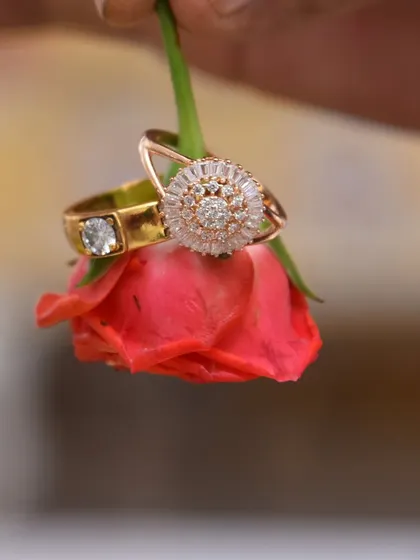 A creative shot of two wedding rings balanced on a red rose.