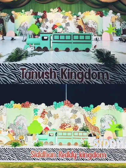 We love creating wild adventures, and this collage shows two of our custom jungle kingdom themes side-by-side. It highlights our ability to personalize popular themes with unique elements like custom name banners, different animal props, and varied color schemes for clients.