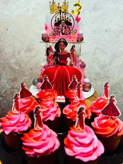 A princess Elena of Avalor cake and matching cupcakes, perfect for a royal 3rd birthday celebration.