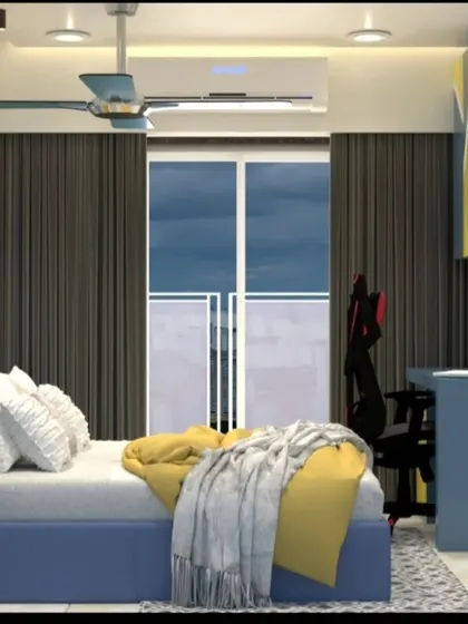 A view from the bed, showing the study desk and the window.