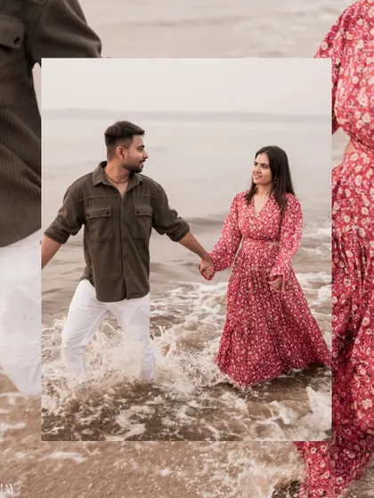 A creative, layered shot of the couple in the water, focusing on their connection.