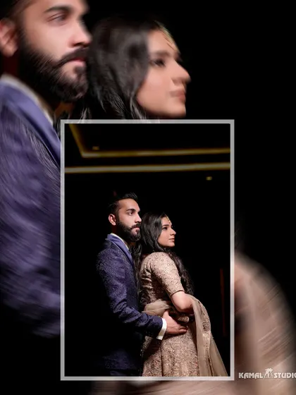 A collection of elegant engagement portraits of a couple in a modern hotel lobby, showcasing their sophisticated style.