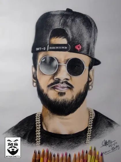 The finished color sketch of Rahul Dit-O, displayed with the set of color pencils I used to create the piece.