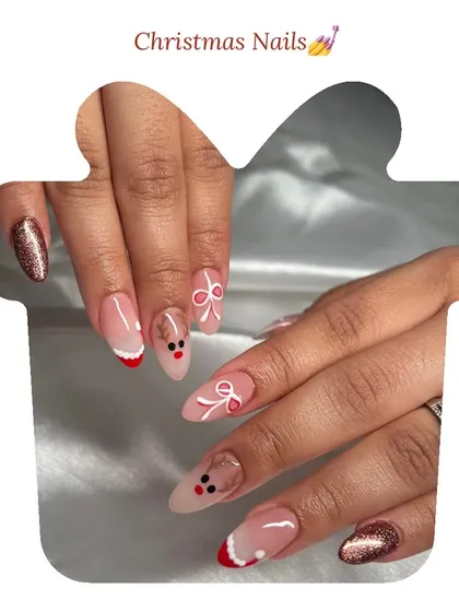 A playful and cute Christmas nail design. This set includes fun details like a reindeer face, a Santa hat, and a delicate bow, perfect for celebrating the holiday season.