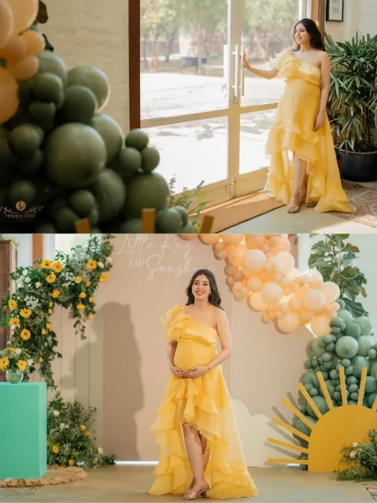 Two beautiful shots of the mom-to-be against the lovely decor of her baby shower, showcasing the "little ray of sunshine" theme.