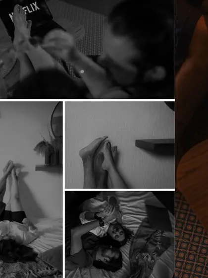 A black and white collage from the same home session, highlighting details like watching Netflix and playful moments on the bed.