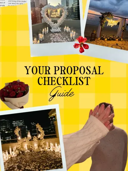 Your proposal checklist guide. This graphic shows some of the beautiful proposal setups we've created, from beachside arches to candle-lit rooftops, to inspire your own planning.