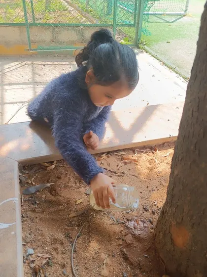 A child carefully waters the soil around a tree. This simple act teaches responsibility and the importance of water for all living things.