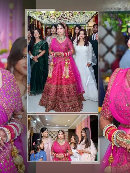 A collage-style album page showing the bride's portraits and moments with her bridesmaids.
