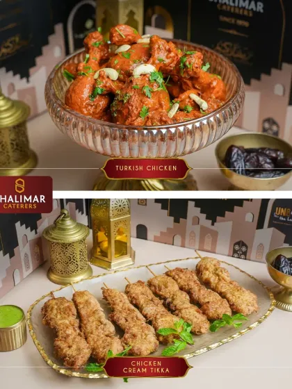 A look at the succulent chicken dishes from our Iftar menu. The top features our rich Turkish Chicken, while the bottom showcases the creamy and mild Chicken Cream Tikka.