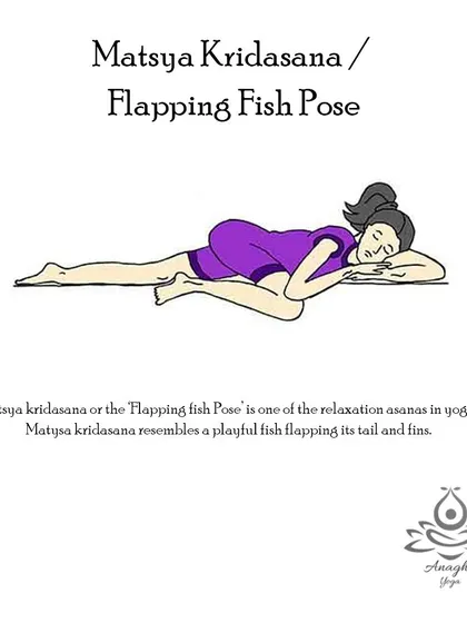 Matsya Kridasana (Flapping Fish Pose) is a relaxation asana that stretches the abdomen, relieves constipation, and helps reduce waistline fat.