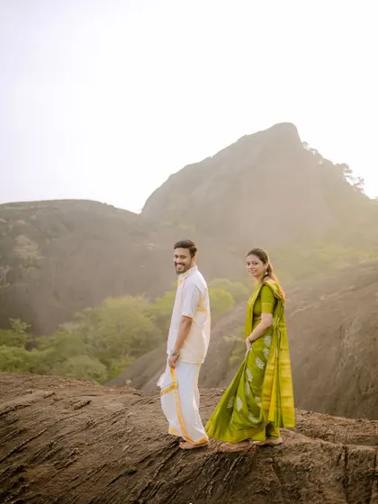 A classic "look back" pose while walking on the hilltop. This is a great way to get a natural and engaging portrait.