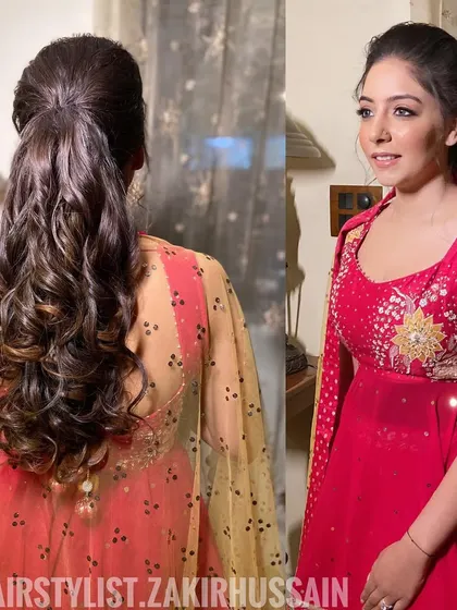 A collage showing a high ponytail with soft curls, suitable for a reception or cocktail party. The style is both glamorous and comfortable.