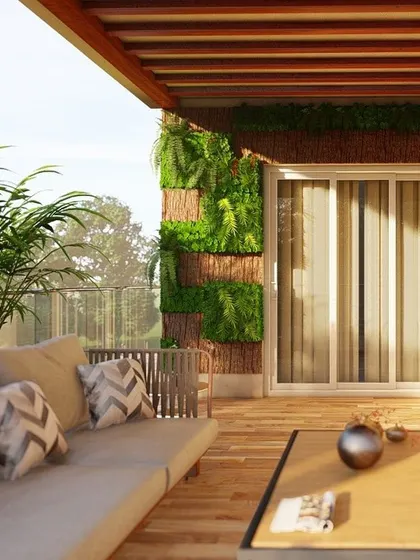 A render showcasing a unique vertical garden design with alternating panels of wood and greenery. This approach adds texture and a modern, artistic feel to the balcony wall.