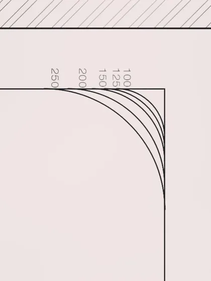 A technical drawing showing our exploration of different radii for a corner curve. We go through numerous iterations to find the exact geometry that feels right for the space.
