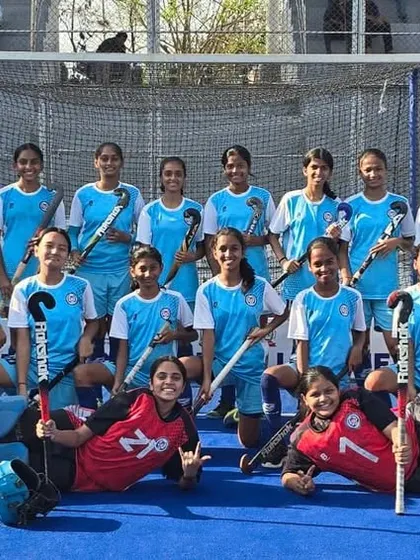 Our sub-junior girls' team, representing Hockey Thane, poses for a group photo at the Asmita State Hockey League in Pune. They showed incredible determination to reach the semi-finals.