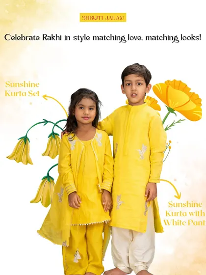 Sunshine yellow is always a happy choice for celebrations. This brother-sister duo is wearing my custom yellow kurta set, designed to be bright, comfortable, and perfect for any festive day.