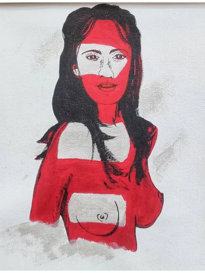 An abstract figurative piece using a limited palette of red, white, and black. This painting is about perspective and seeing the soul beyond the surface.